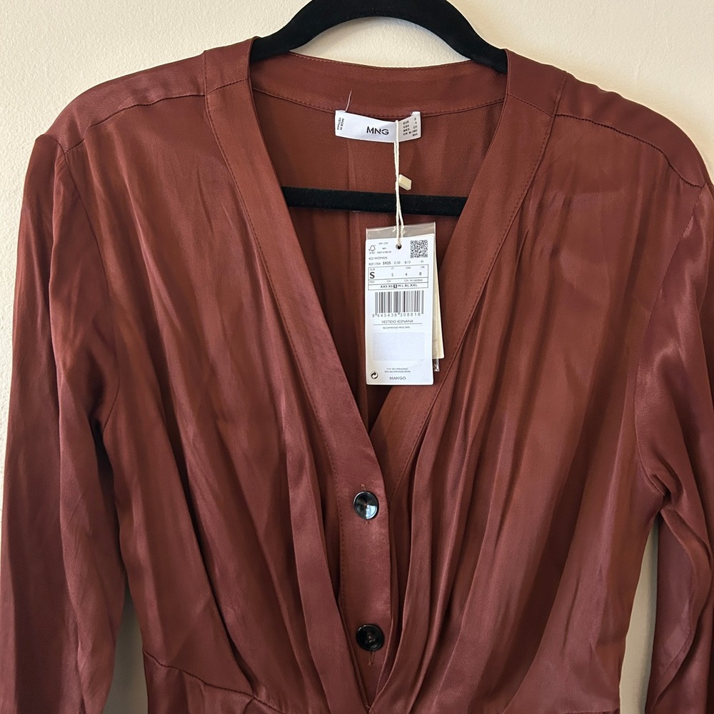 MNG Brown Satin Long Sleeve Button Front Midi Shirt Dress Size S - Picture 5 of 11